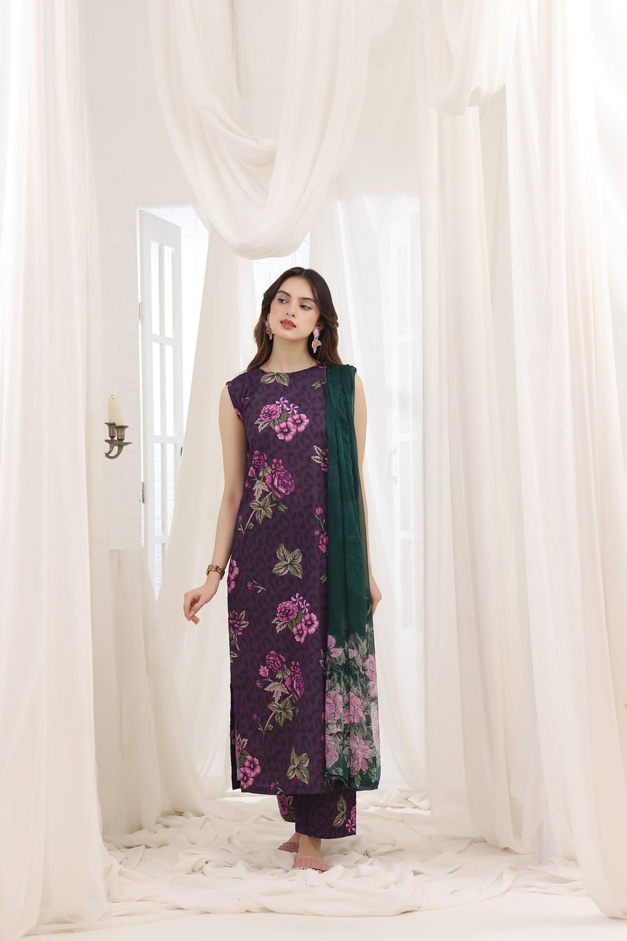 Feathers Premium House of Petals Unstitched Lawn 3Pc Suit Magenta Matrix-FT743