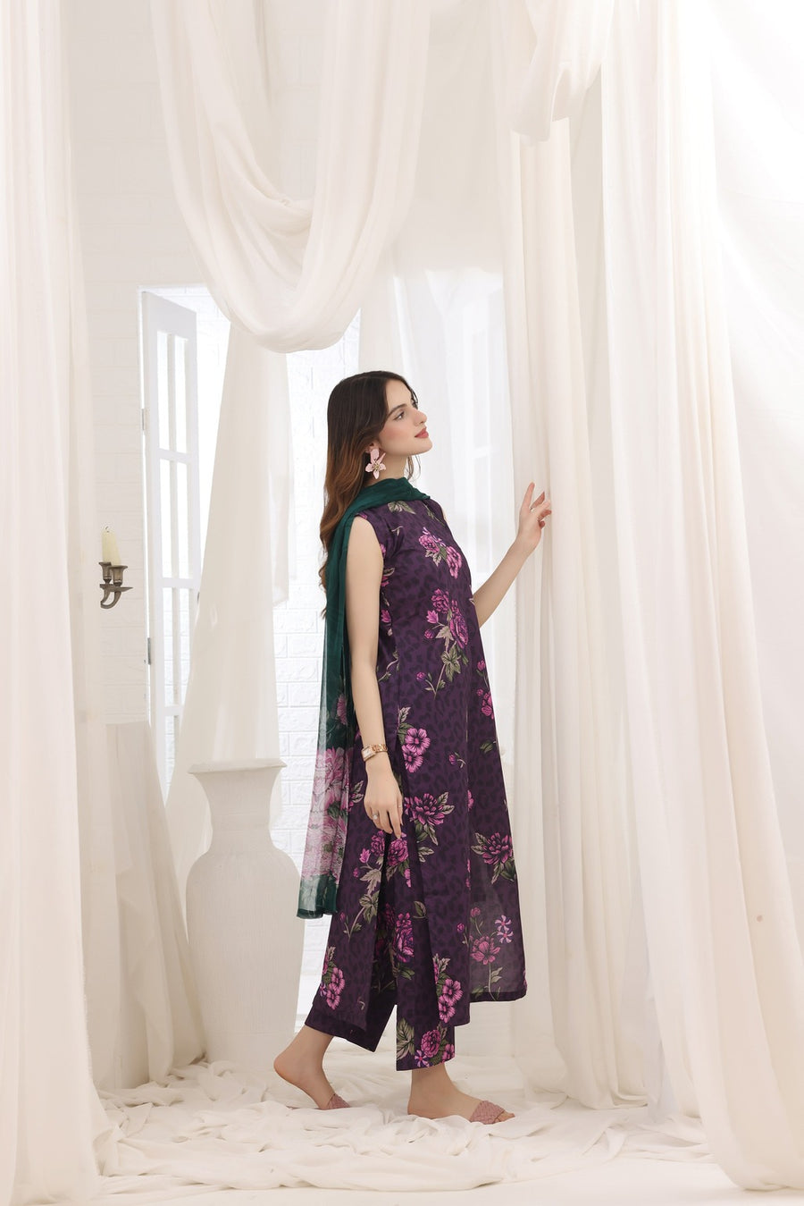 Feathers Premium House of Petals Unstitched Lawn 3Pc Suit Magenta Matrix-FT743