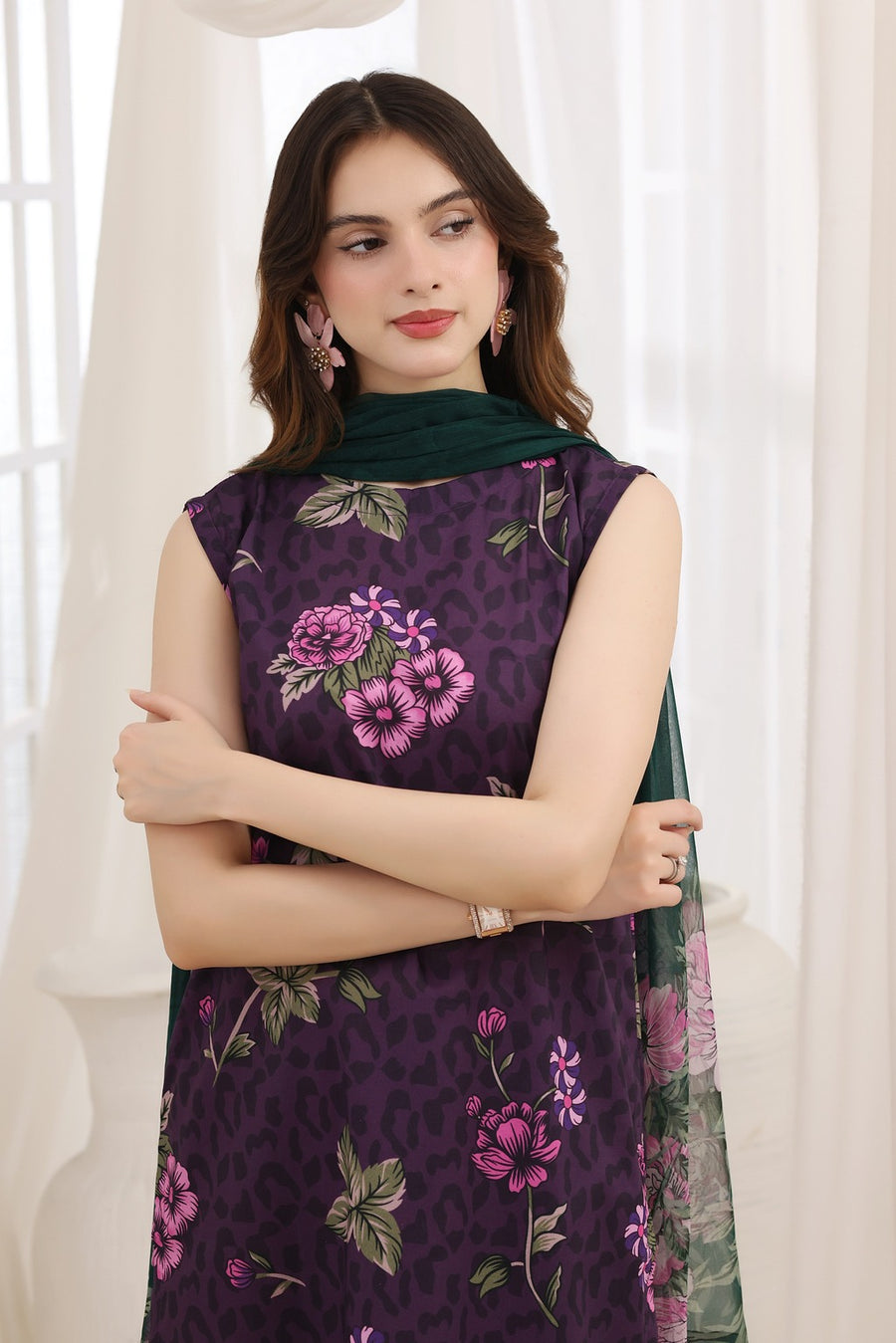Feathers Premium House of Petals Unstitched Lawn 3Pc Suit Magenta Matrix-FT743