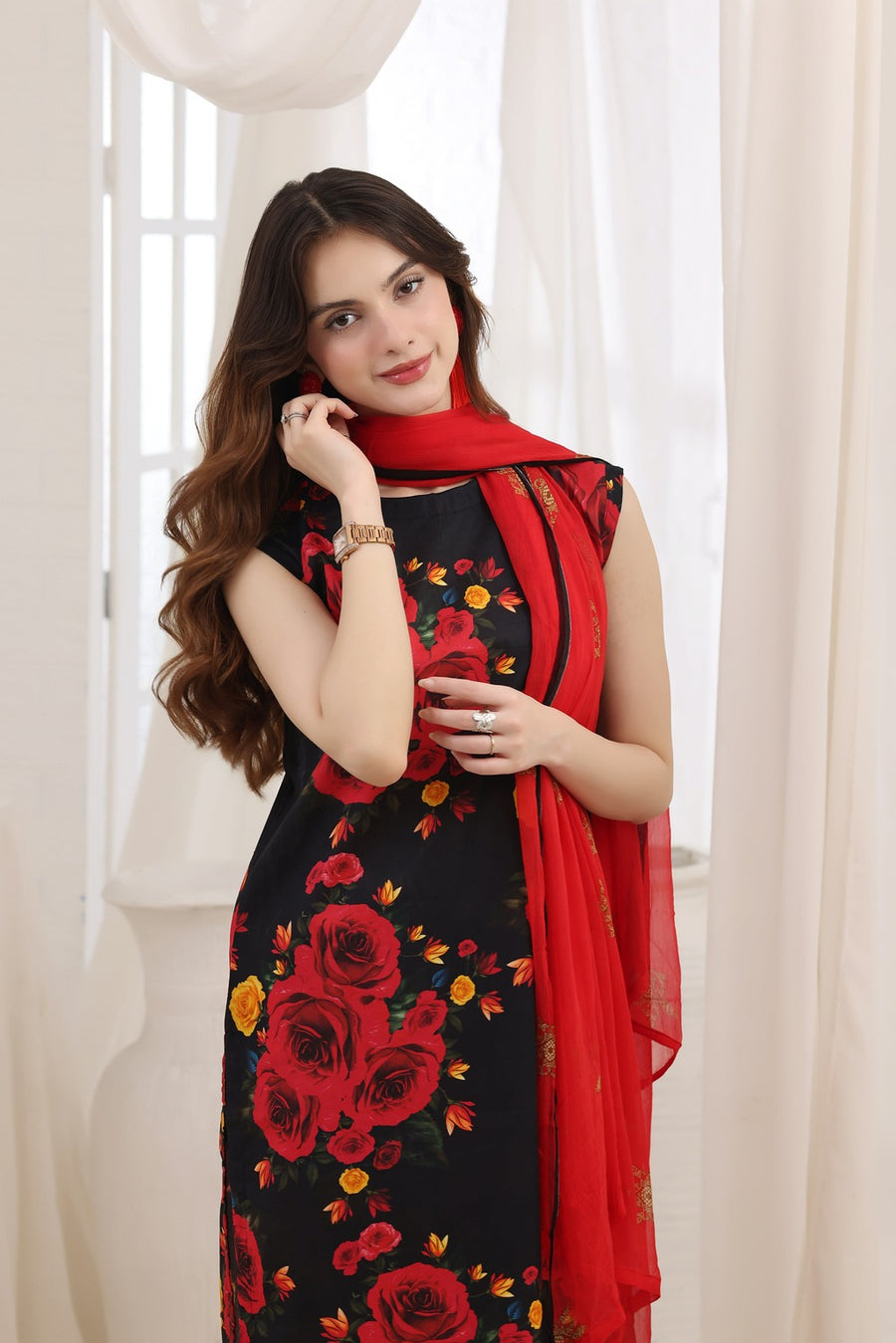Feathers Premium House of Petals Unstitched Lawn 3Pc Suit Rhubarb Rhythm-FT744