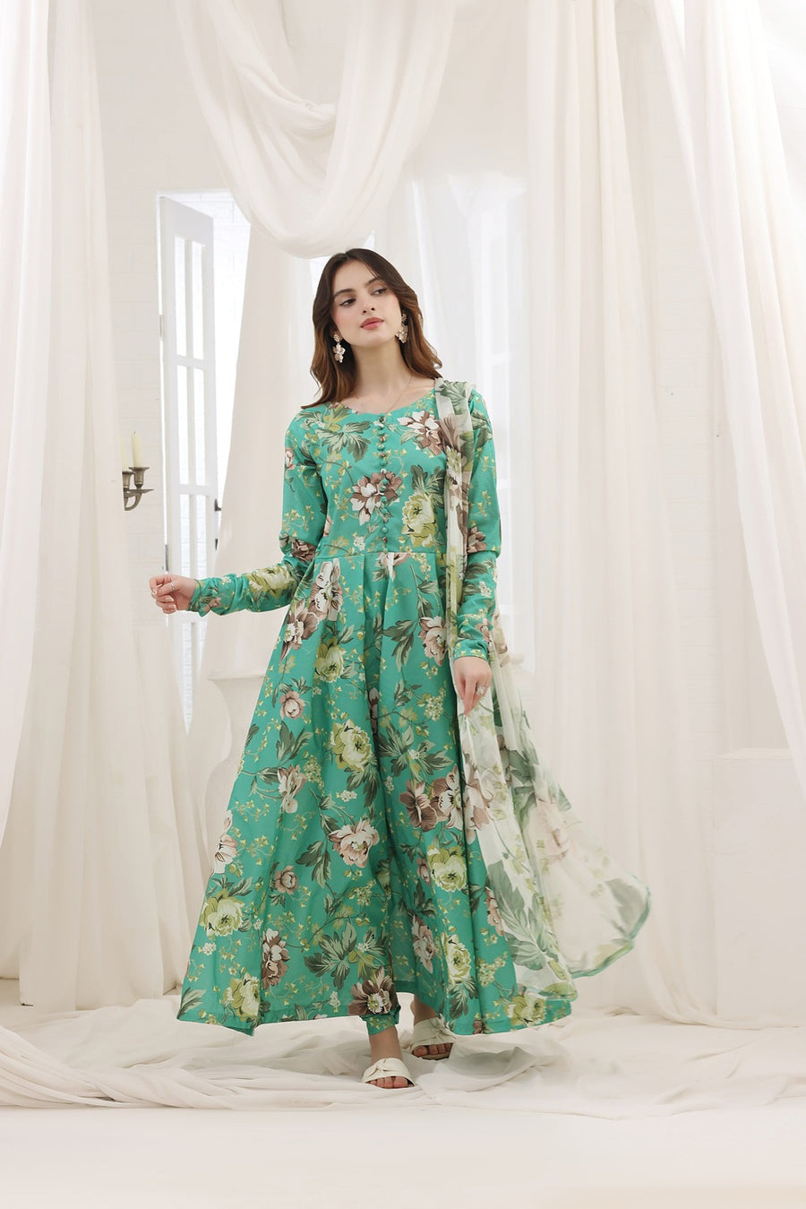 Feathers Premium House of Petals Unstitched Lawn 3Pc Suit Turquoise Twilight-FT746