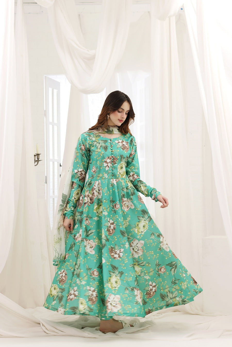 Feathers Premium House of Petals Unstitched Lawn 3Pc Suit Turquoise Twilight-FT746