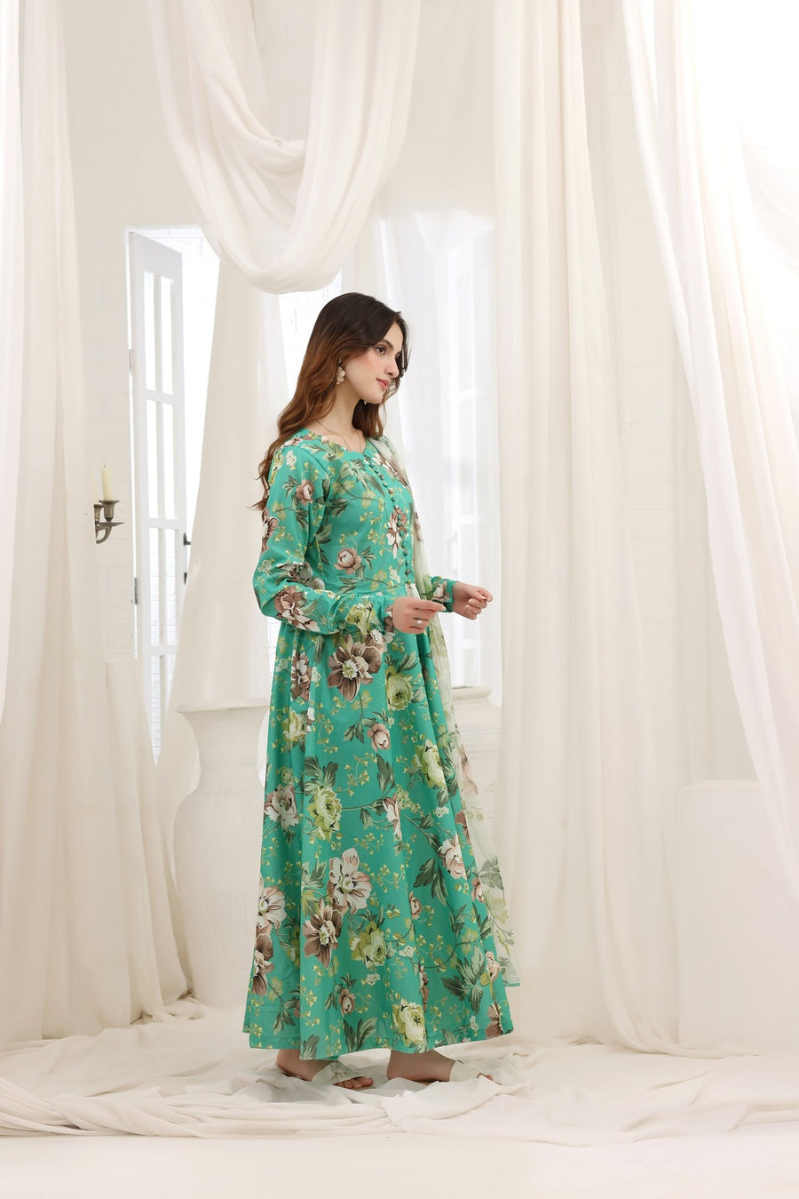 Feathers Premium House of Petals Unstitched Lawn 3Pc Suit Turquoise Twilight-FT746