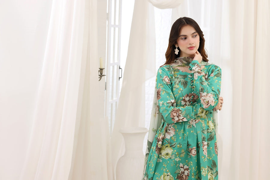Feathers Premium House of Petals Unstitched Lawn 3Pc Suit Turquoise Twilight-FT746