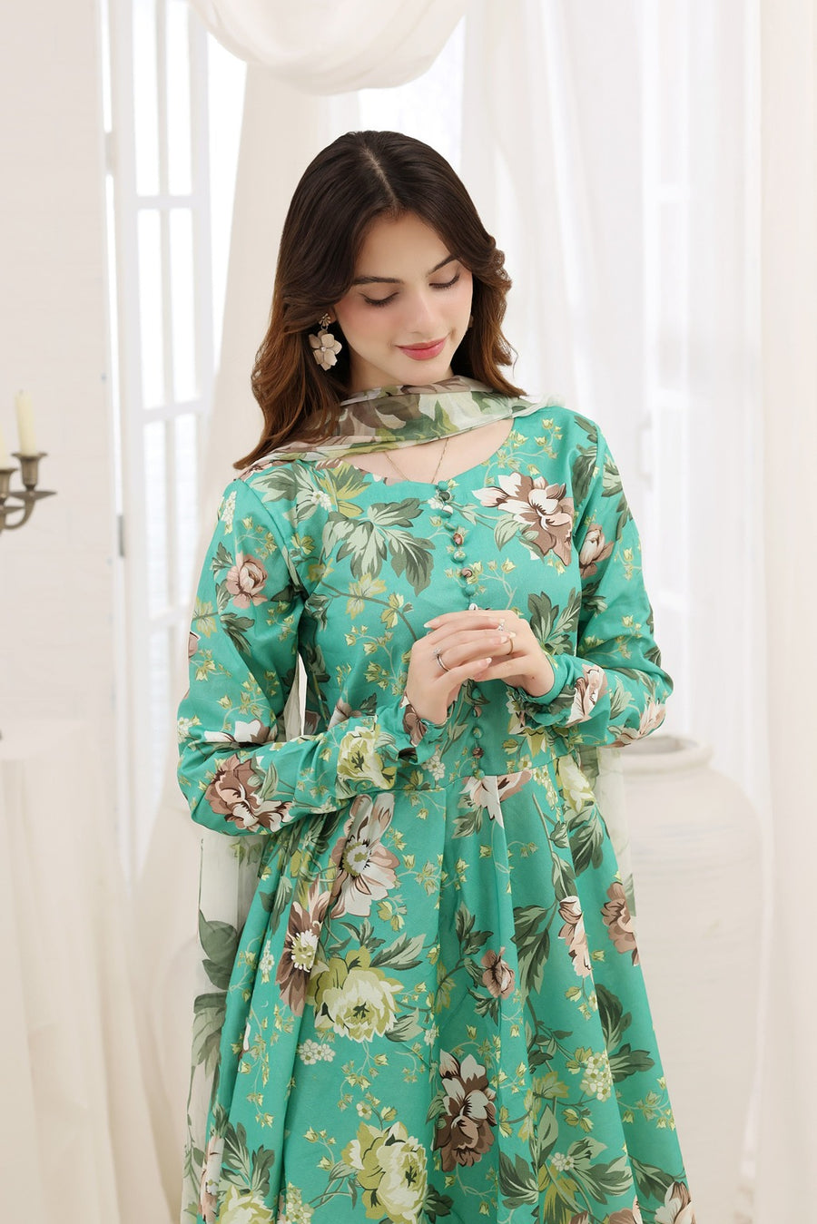Feathers Premium House of Petals Unstitched Lawn 3Pc Suit Turquoise Twilight-FT746