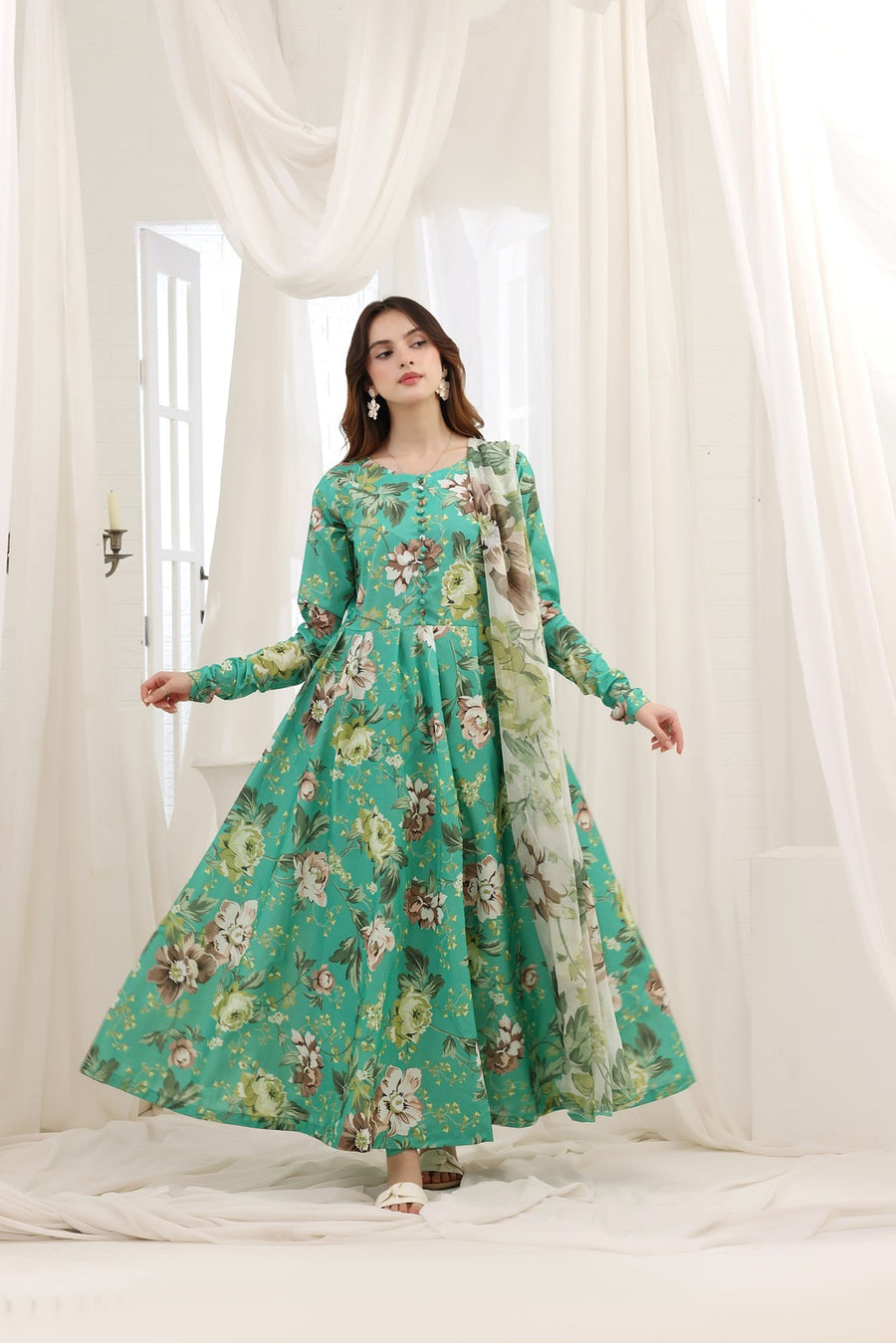 Feathers Premium House of Petals Unstitched Lawn 3Pc Suit Turquoise Twilight-FT746