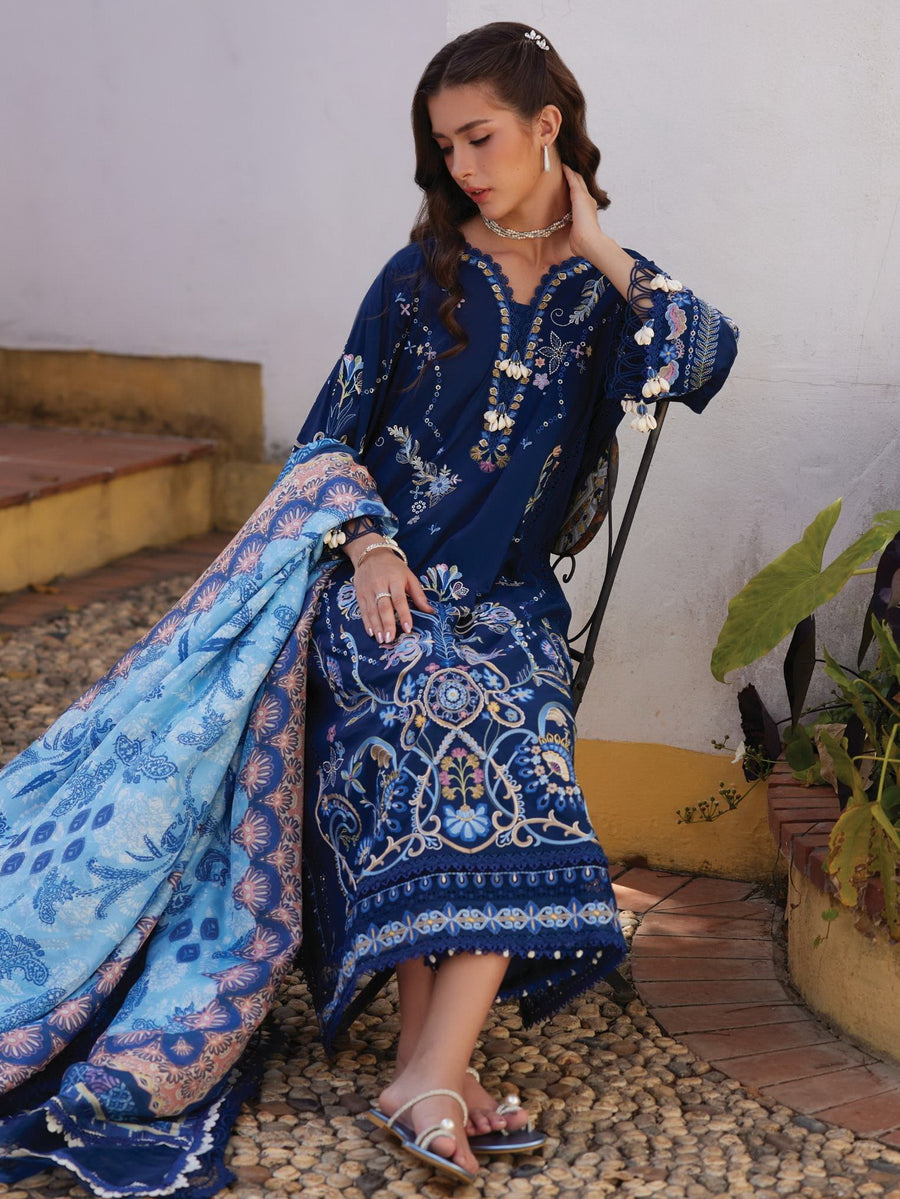 Farah Talib Aziz Embroidered Lawn Unstitched 3Pc Suit FTA-08 Nia Navy
