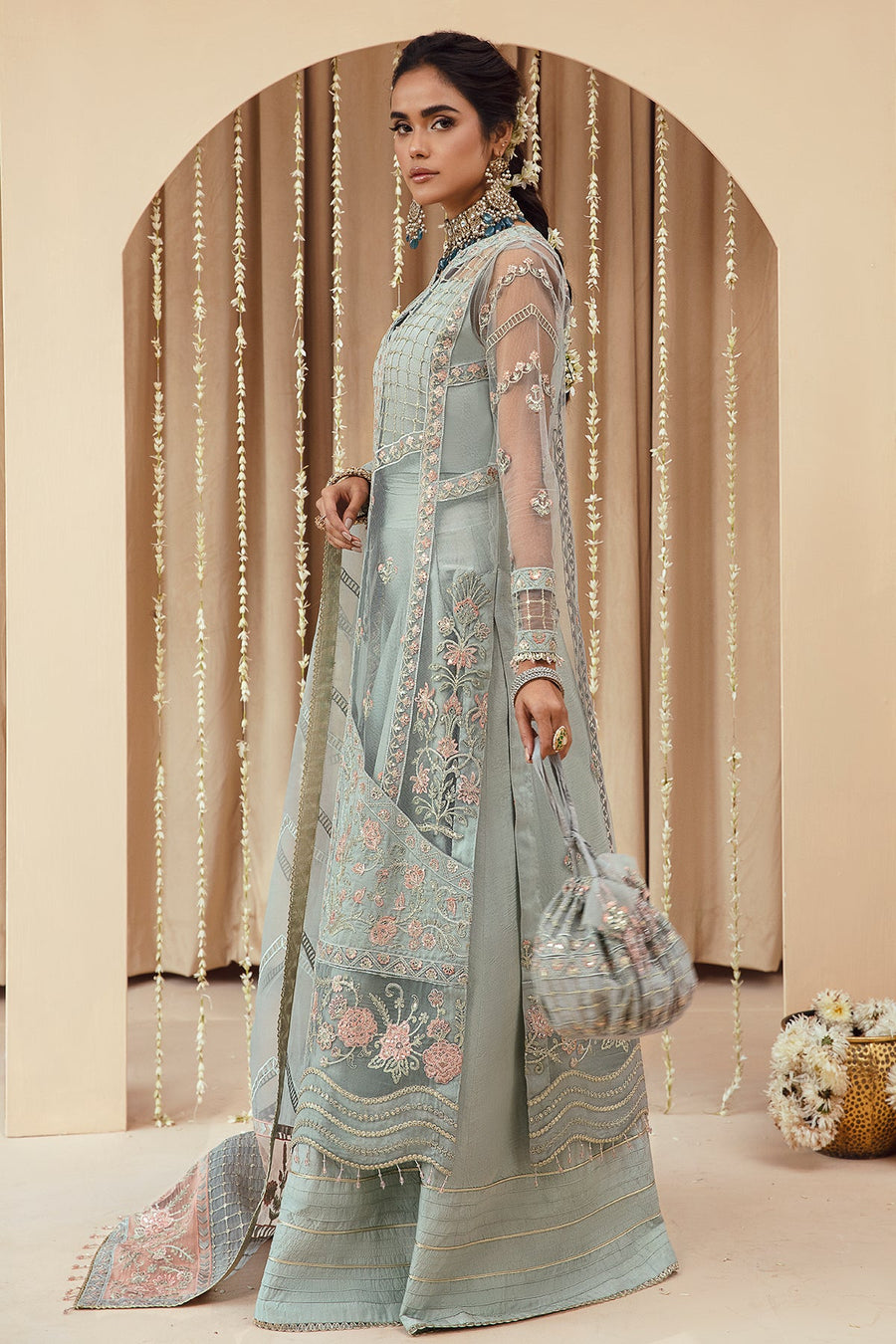 FARASHA Tabeer Embroidered Net Unstitched 3 Piece Suit - 06 Feroza