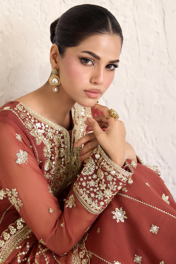 Farasha Embroidered Luxury Chiffon Unstitched 3Pc Suit - Flame Luxe