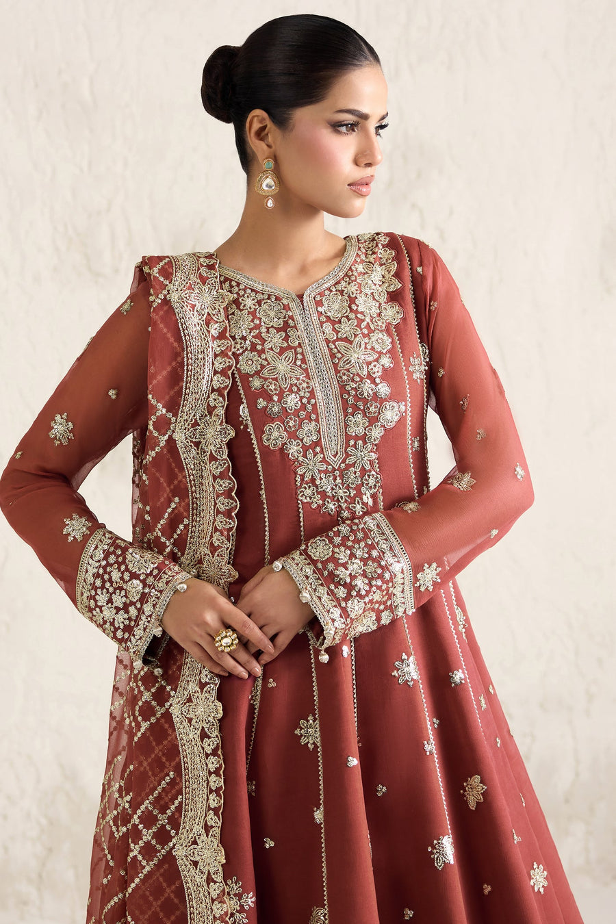 Farasha Embroidered Luxury Chiffon Unstitched 3Pc Suit - Flame Luxe