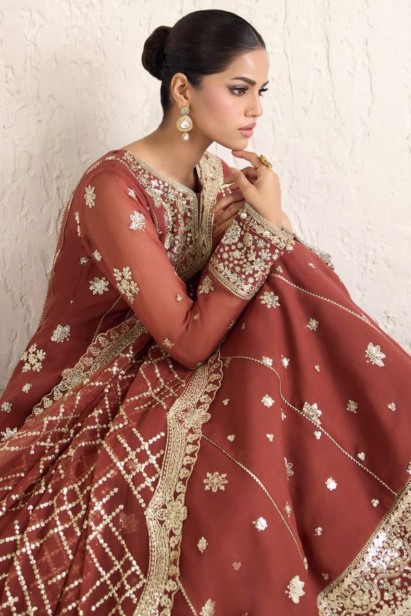 Farasha Embroidered Luxury Chiffon Unstitched 3Pc Suit - Flame Luxe
