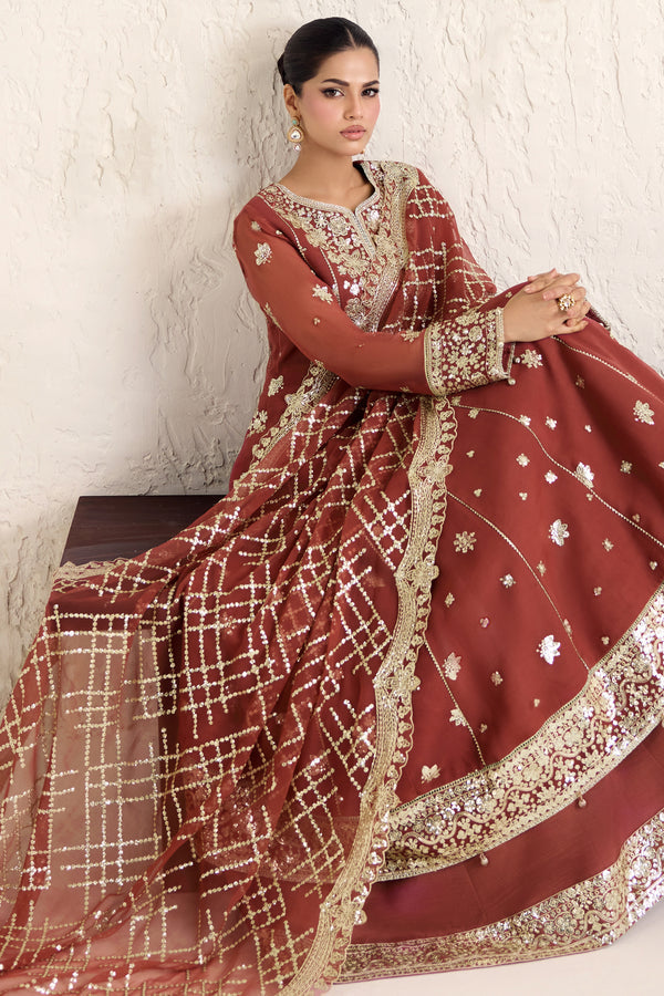 Farasha Embroidered Luxury Chiffon Unstitched 3Pc Suit - Flame Luxe