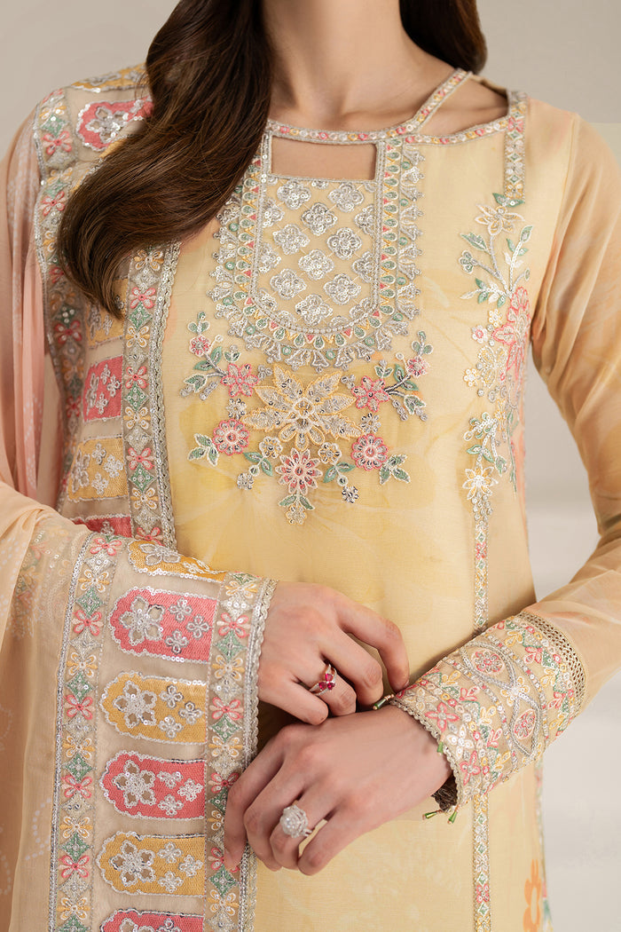Farasha Fiorella Embroidered Chiffon Unstitched 3Pc Suit - Floral Ray