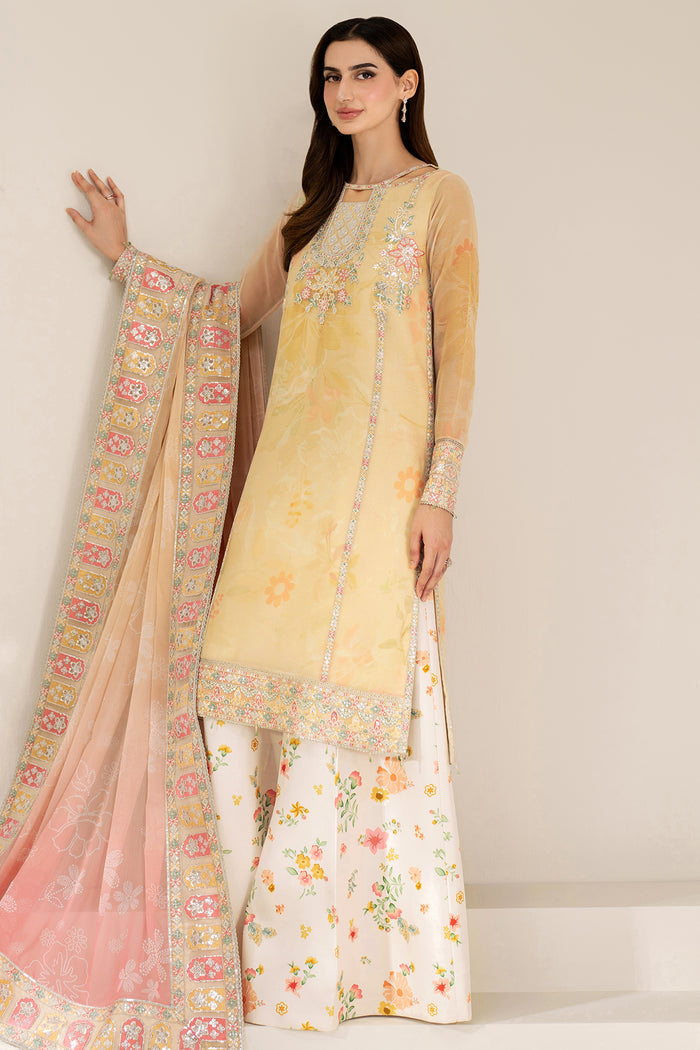 Farasha Fiorella Embroidered Chiffon Unstitched 3Pc Suit - Floral Ray