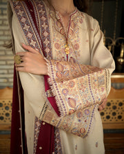 Hemline by Mushq Bukhara Embroidered Karandi Unstitched 3Pc Suit - Frosted Dome