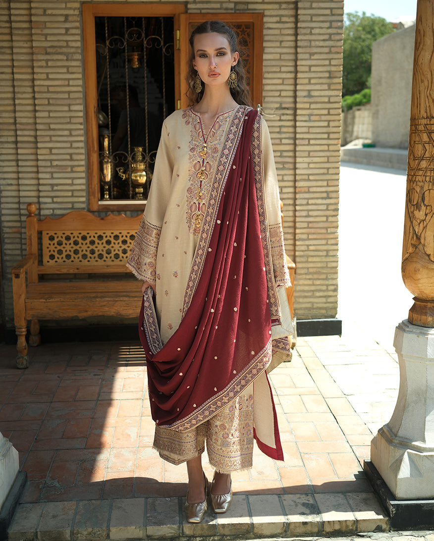 Hemline by Mushq Bukhara Embroidered Karandi Unstitched 3Pc Suit - Frosted Dome