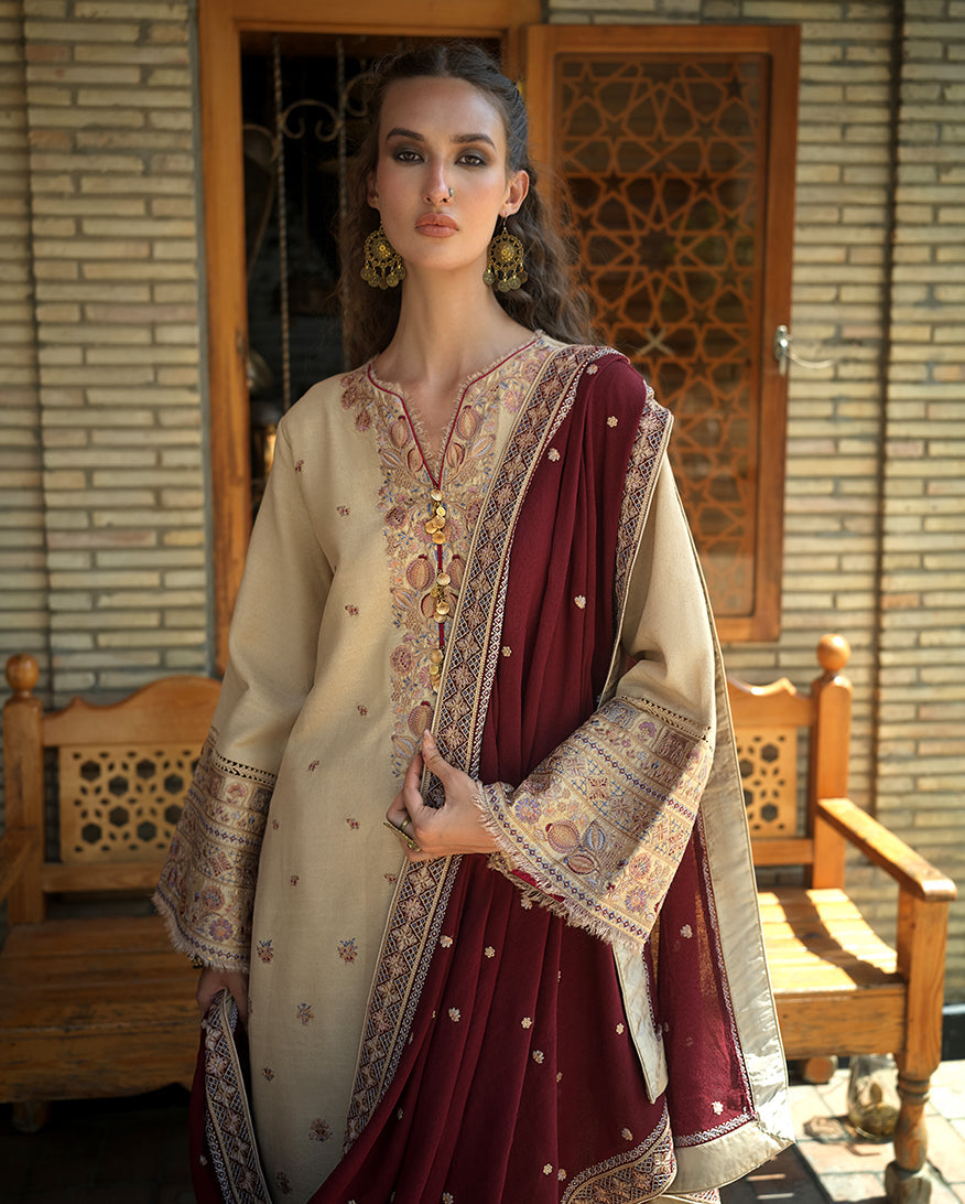 Hemline by Mushq Bukhara Embroidered Karandi Unstitched 3Pc Suit - Frosted Dome
