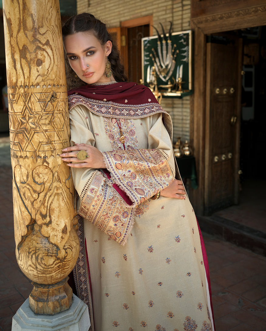 Hemline by Mushq Bukhara Embroidered Karandi Unstitched 3Pc Suit - Frosted Dome