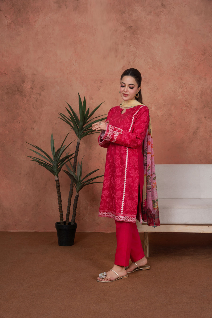 Feathers Premium Embroidered Lawn Unstitched 3Pc Suit - Fuchsia Cameo Trim