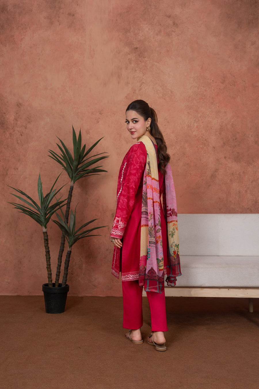Feathers Premium Embroidered Lawn Unstitched 3Pc Suit - Fuchsia Cameo Trim