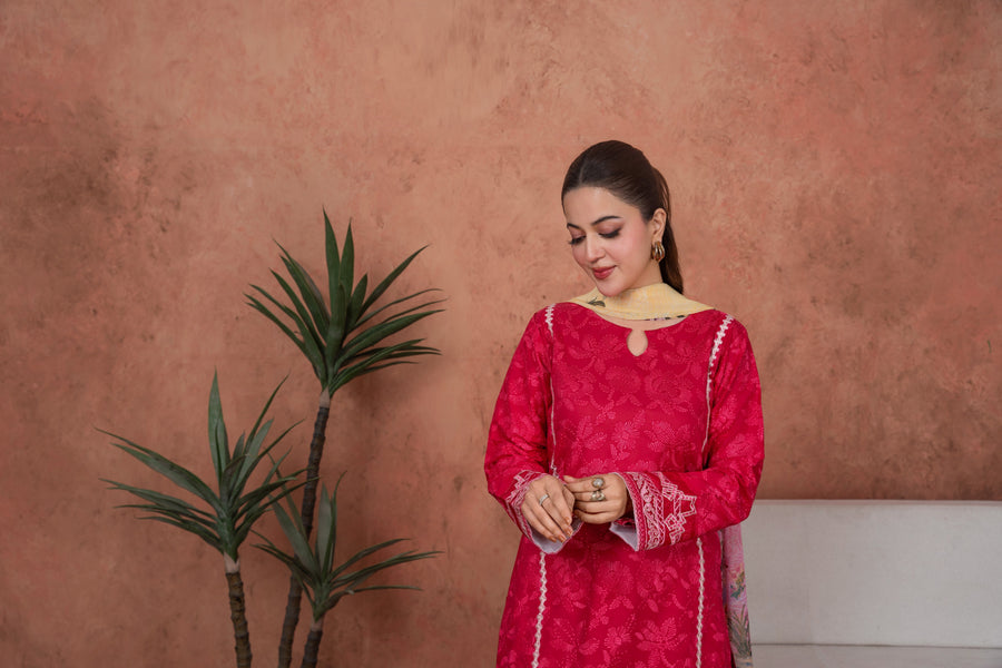 Feathers Premium Embroidered Lawn Unstitched 3Pc Suit - Fuchsia Cameo Trim