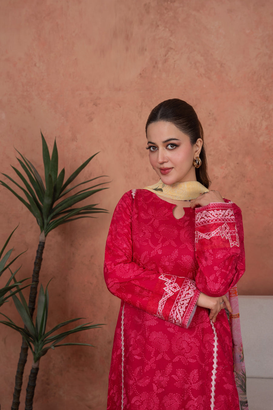 Feathers Premium Embroidered Lawn Unstitched 3Pc Suit - Fuchsia Cameo Trim