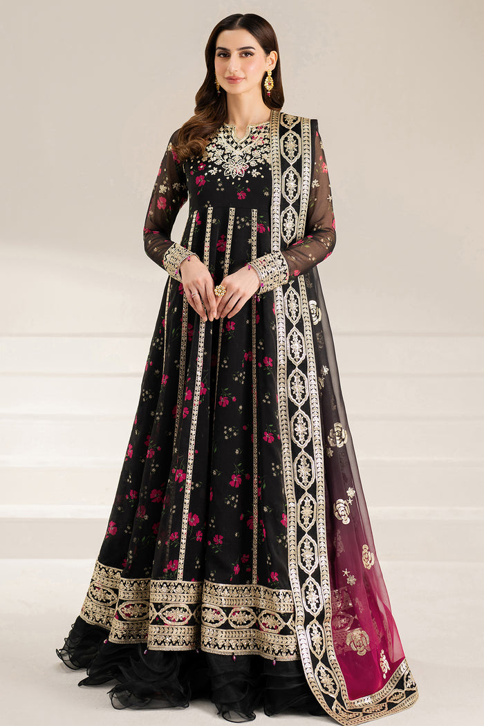 Farasha Fiorella Embroidered Chiffon Unstitched 3Pc Suit - Fuchsia Night