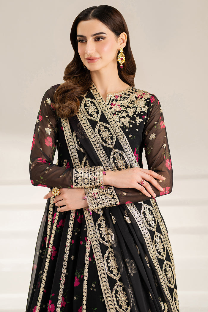 Farasha Fiorella Embroidered Chiffon Unstitched 3Pc Suit - Fuchsia Night