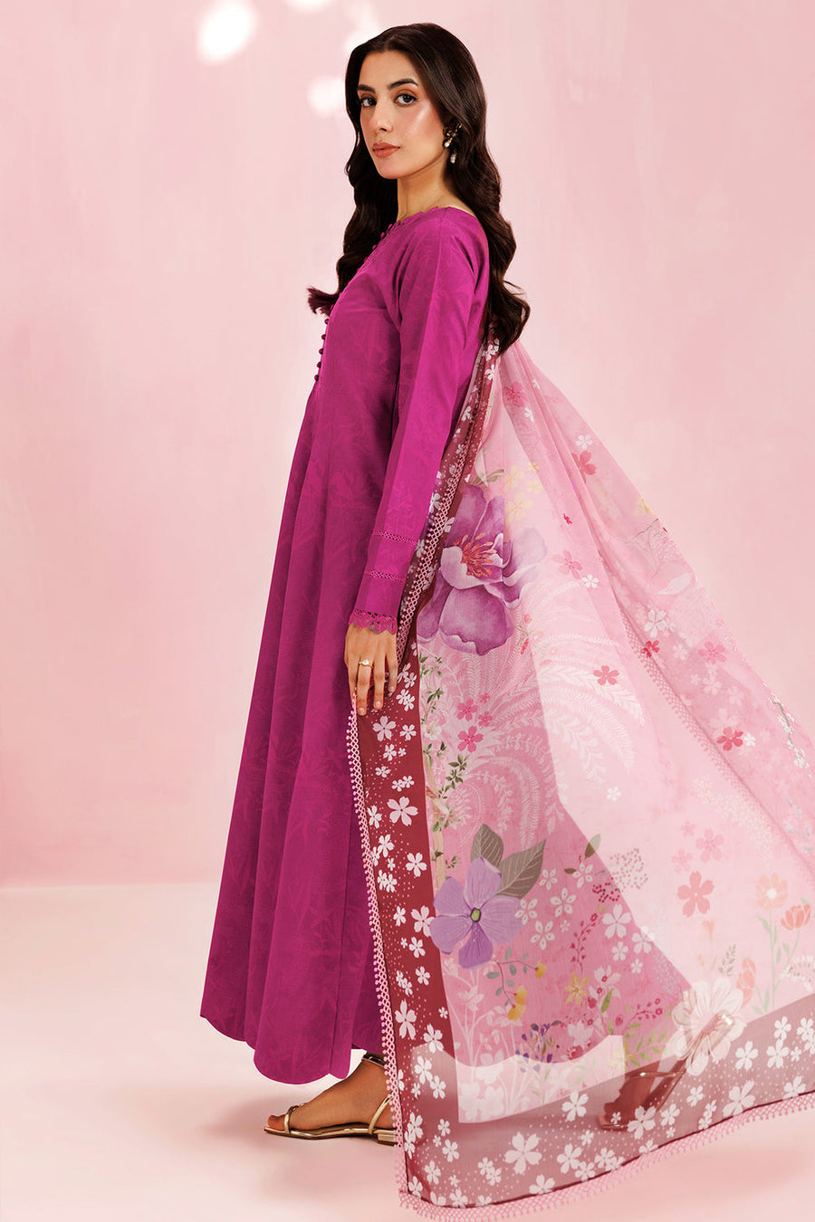 Farasha Summer Essentials Embroidered Lawn Unstitched 3Pc Suit - Fuchsia Rose