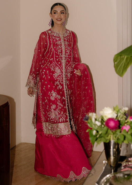 Sadaf Fawad Khan Siraa Embroidered Organza Unstitched 3Pc Suit - Fuschia Rose