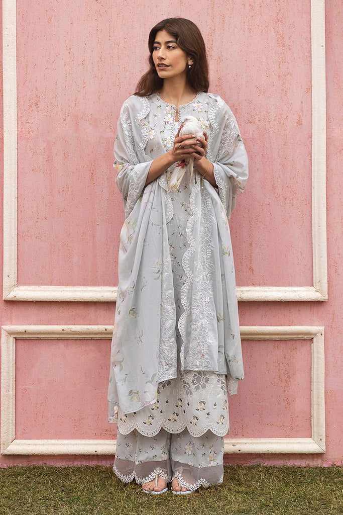 Cross Stitch Premium Embroidered Lawn Unstitched 3Pc Suit - GRAY FROST