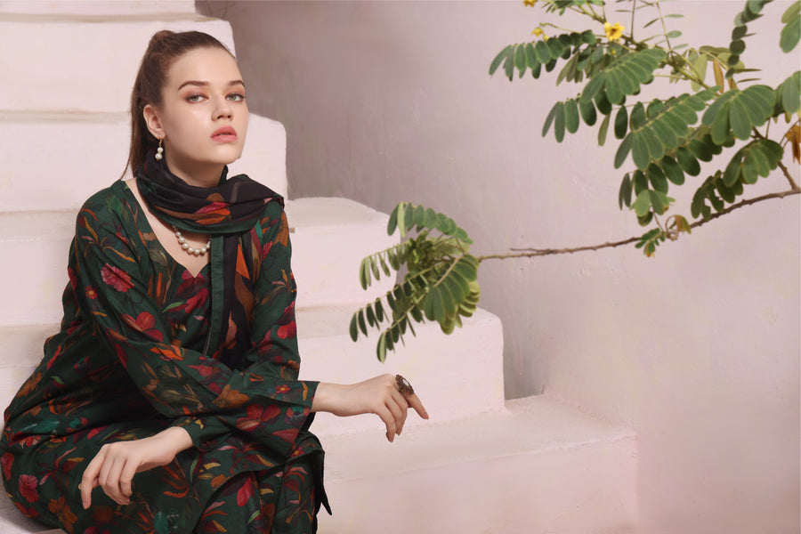 Feathers Digital Printed Dhanak Unstitched 3Pc Suit GREEN LAGOON-FT294