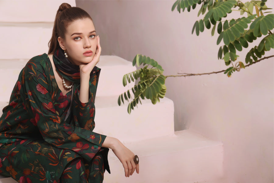 Feathers Digital Printed Dhanak Unstitched 3Pc Suit GREEN LAGOON-FT294