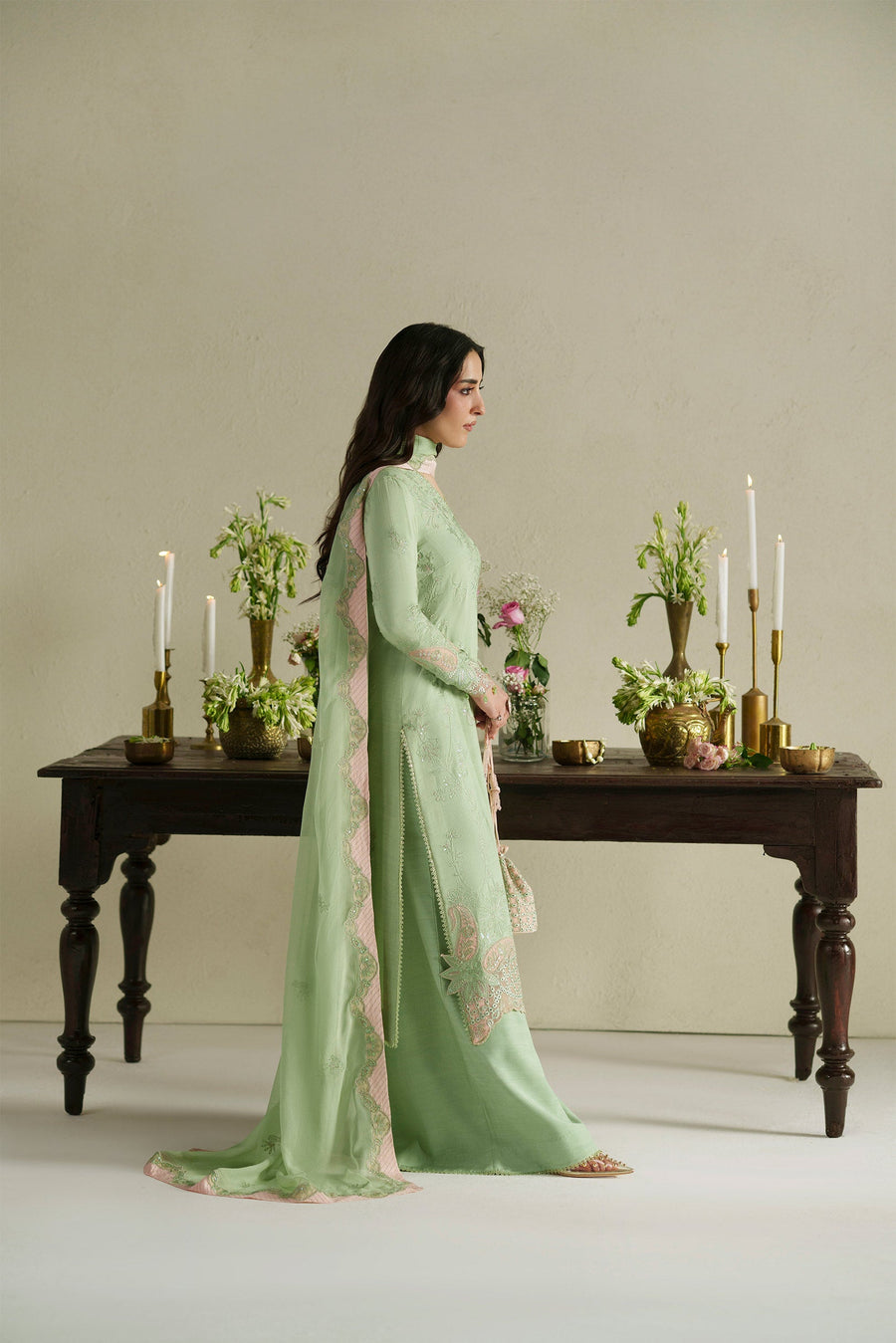 VERA Embroidered Raw Silk Unstitched 3Pc Suit - Gajra Mint Green