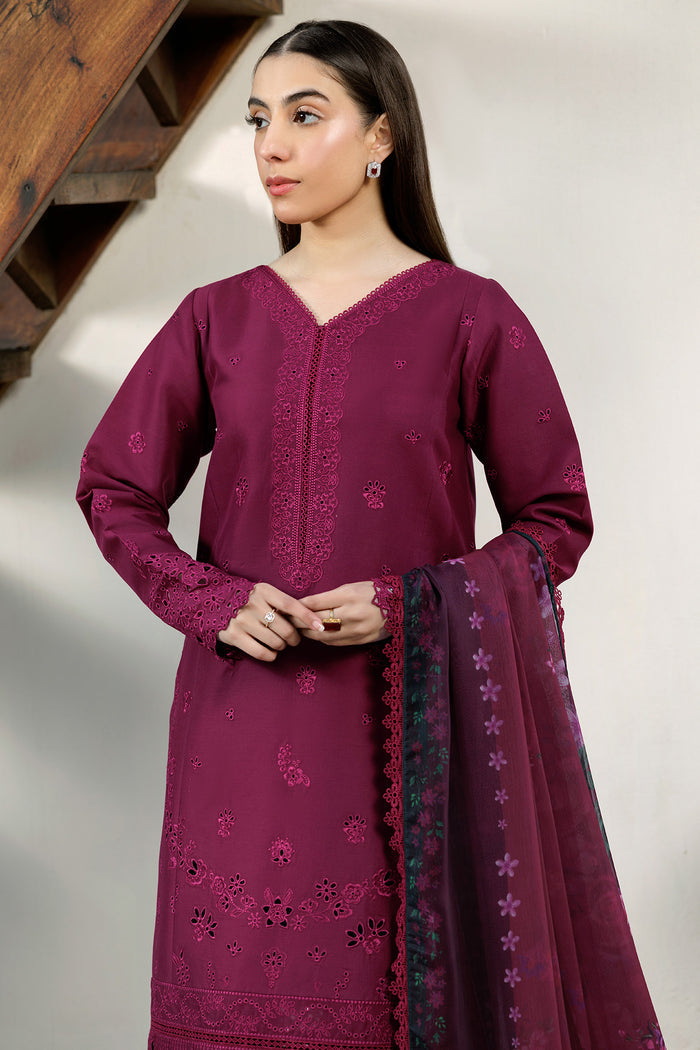 Farasha Summer Weaves Embroidered Lawn Unstitched 3Pc Suit - Garnet Passion
