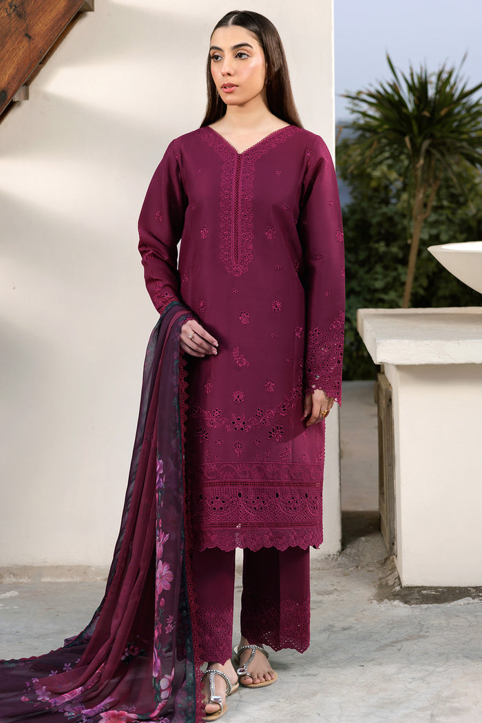 Farasha Summer Weaves Embroidered Lawn Unstitched 3Pc Suit - Garnet Passion