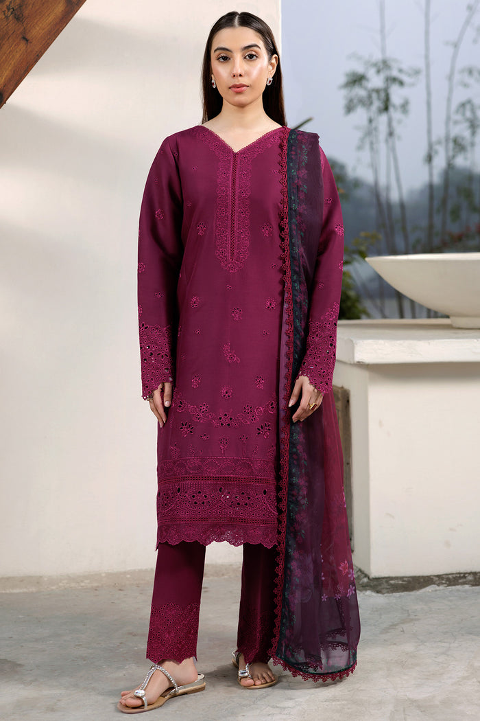 Farasha Summer Weaves Embroidered Lawn Unstitched 3Pc Suit - Garnet Passion