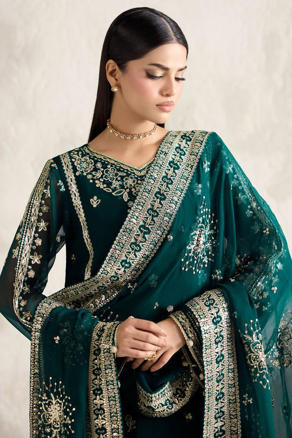 Farasha Embroidered Luxury Chiffon Unstitched 3Pc Suit - Gold Radiance
