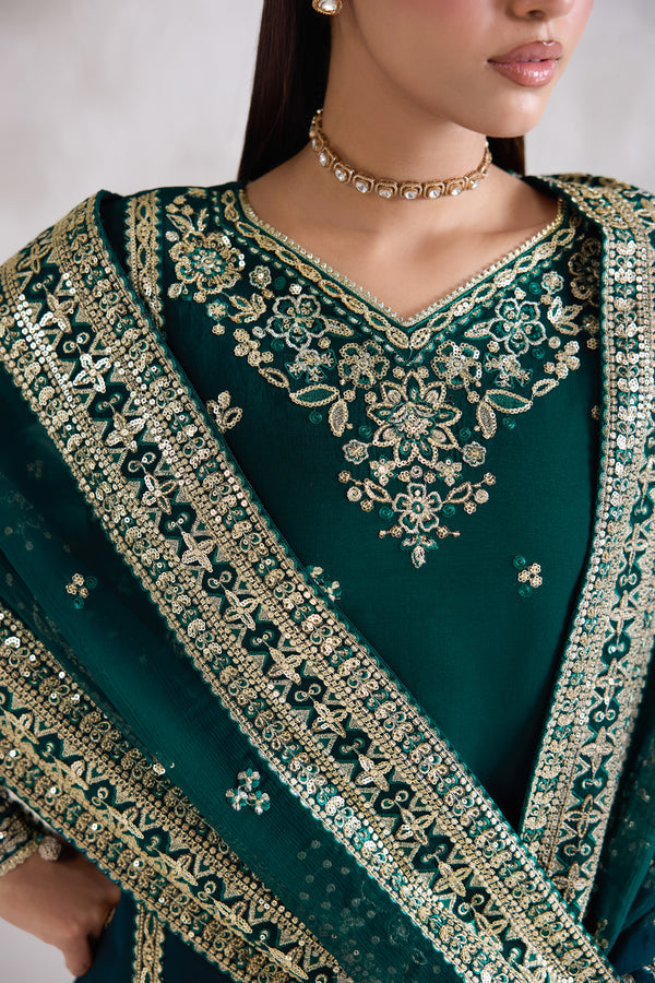 Farasha Embroidered Luxury Chiffon Unstitched 3Pc Suit - Gold Radiance