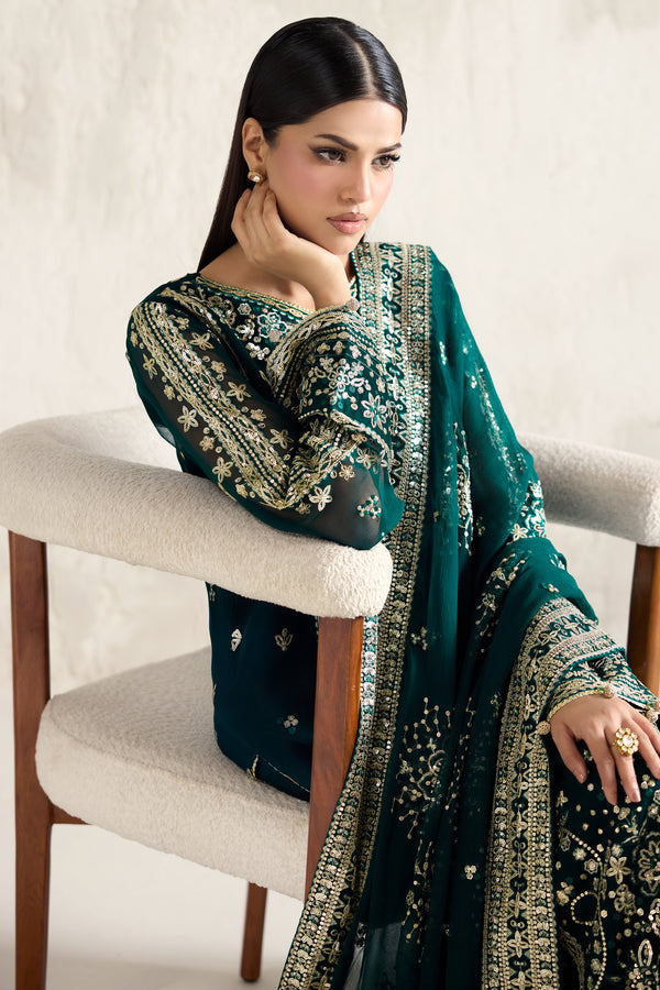 Farasha Embroidered Luxury Chiffon Unstitched 3Pc Suit - Gold Radiance
