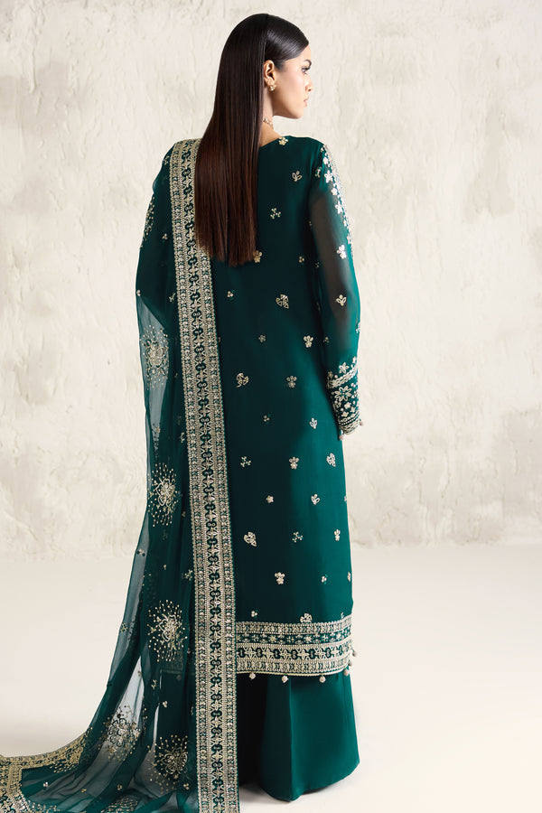 Farasha Embroidered Luxury Chiffon Unstitched 3Pc Suit - Gold Radiance