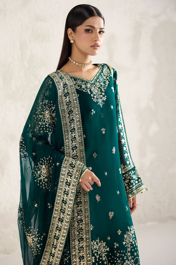 Farasha Embroidered Luxury Chiffon Unstitched 3Pc Suit - Gold Radiance
