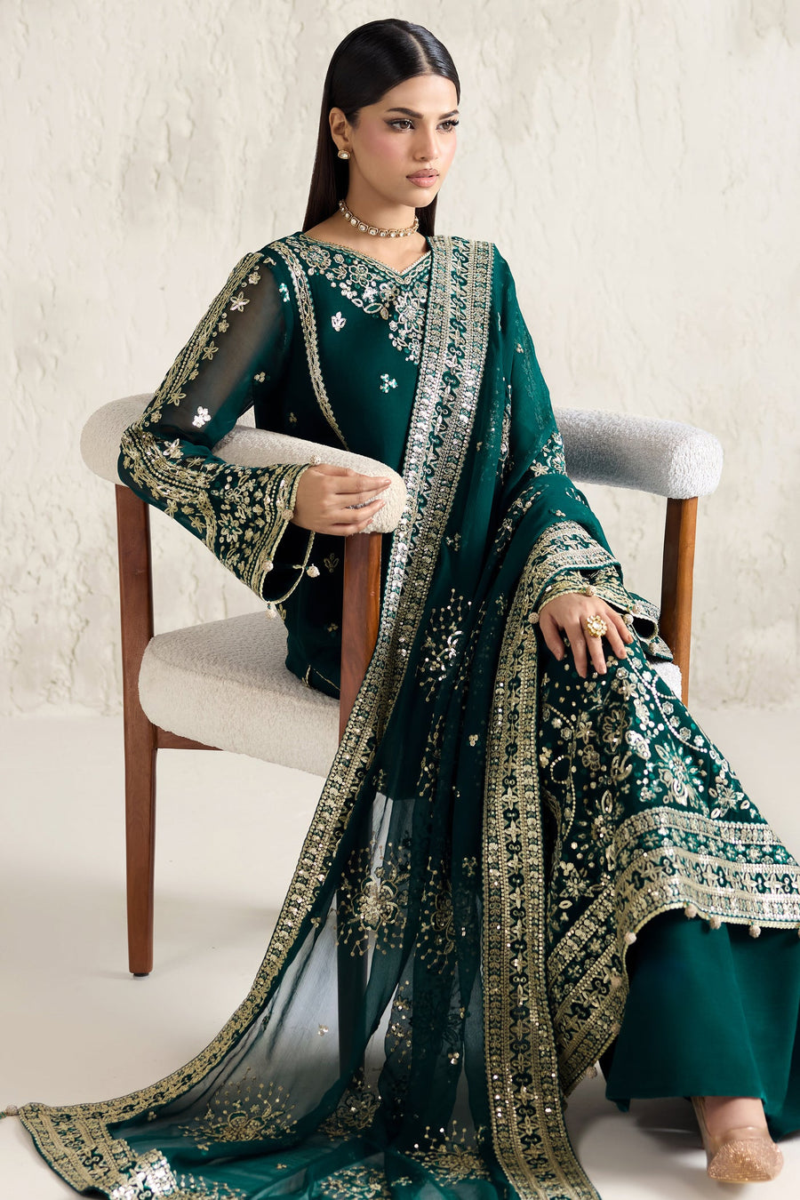 Farasha Embroidered Luxury Chiffon Unstitched 3Pc Suit - Gold Radiance