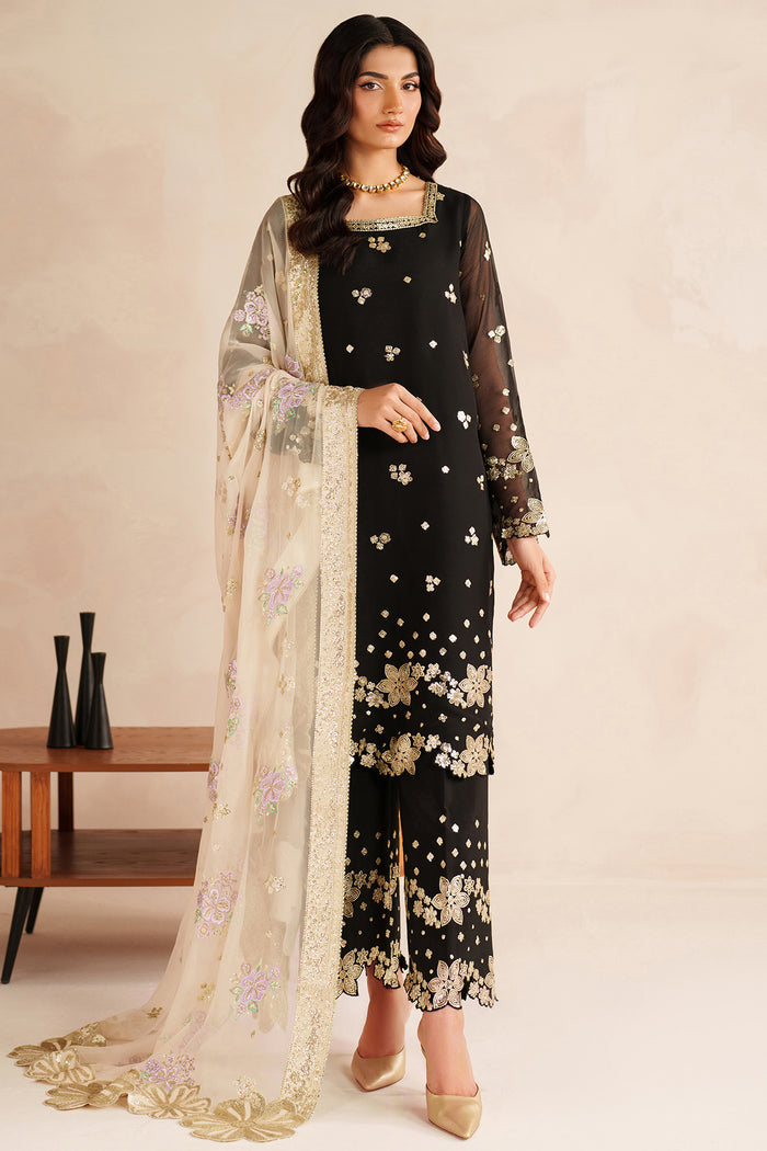 Farasha Luxury Embroidered Chiffon Unstitched 3Pc Suit - Gold Shadow
