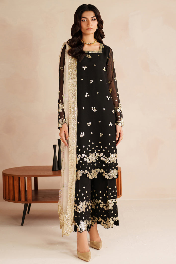 Farasha Luxury Embroidered Chiffon Unstitched 3Pc Suit - Gold Shadow
