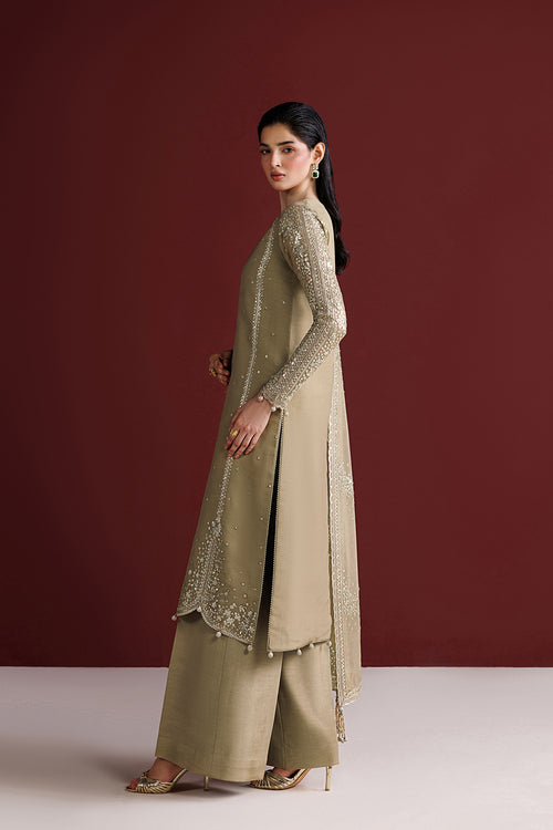 Farasha Luxury Formal Embroidered Chiffon Unstitched 3Pc Suit - Golden Sand