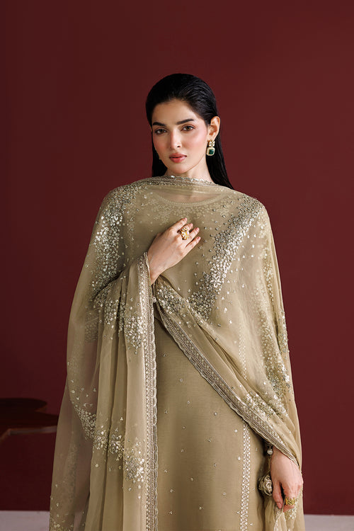 Farasha Luxury Formal Embroidered Chiffon Unstitched 3Pc Suit - Golden Sand