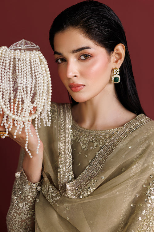 Farasha Luxury Formal Embroidered Chiffon Unstitched 3Pc Suit - Golden Sand