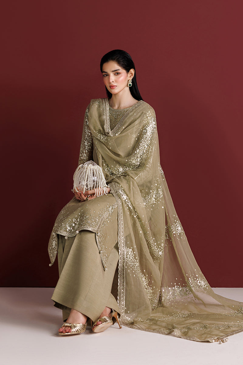 Farasha Luxury Formal Embroidered Chiffon Unstitched 3Pc Suit - Golden Sand