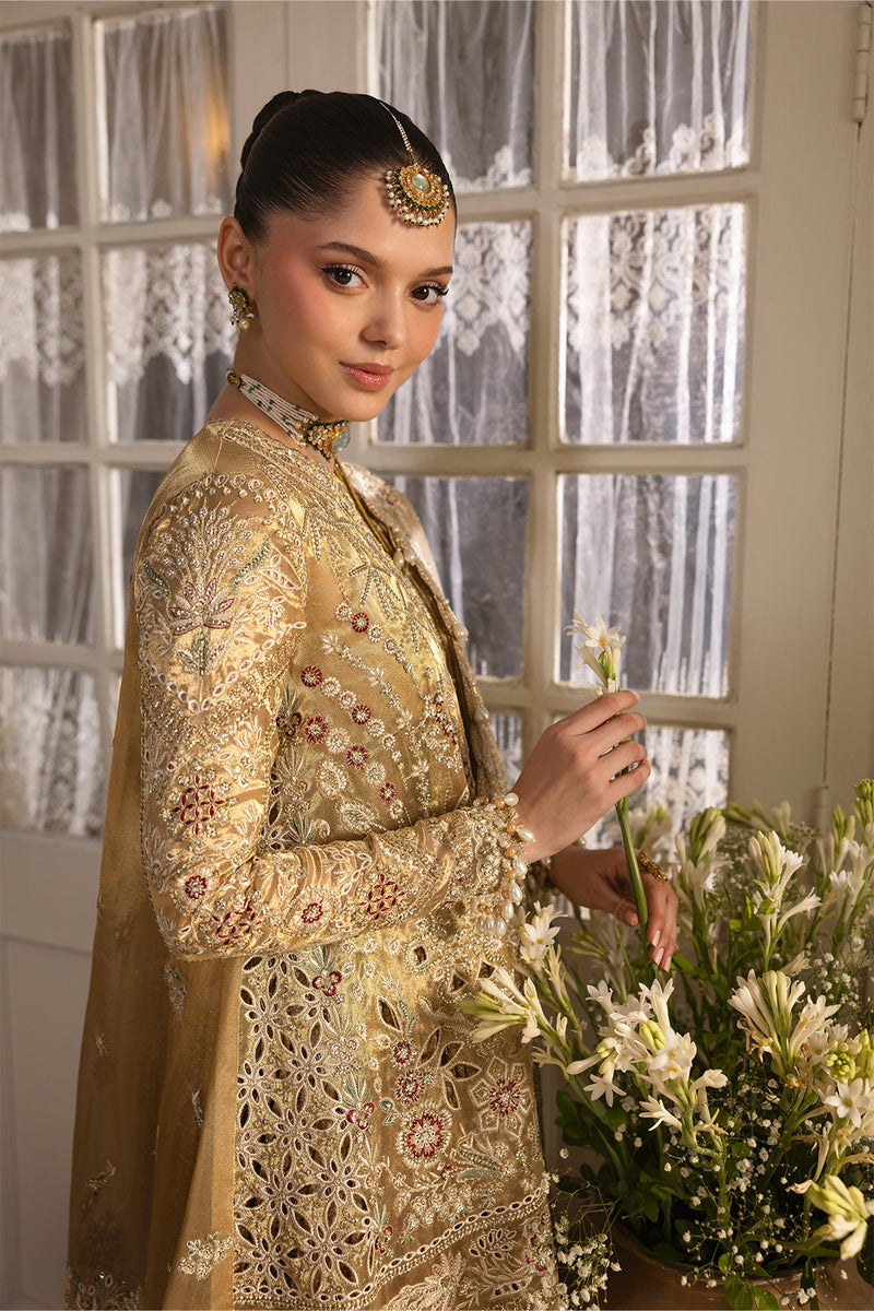 Afrozeh Dastangoi Embroidered Tissue Zari Unstitched 3Pc Suit AWS-03 GOLDVEIL